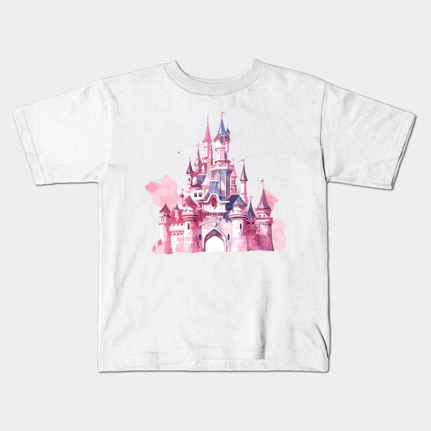 Watercolor Pink Castle Magical Princess Castle Magic Kingdom Kids T-Shirt by RetroZin